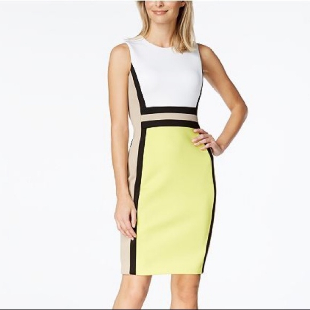 Calvin Klein Neon Yellow White and Black Scuba Sheath Dress Sleeveless Sz 4